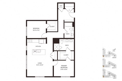 Floor plan for 2 beds, 2 baths, 1261 sqft